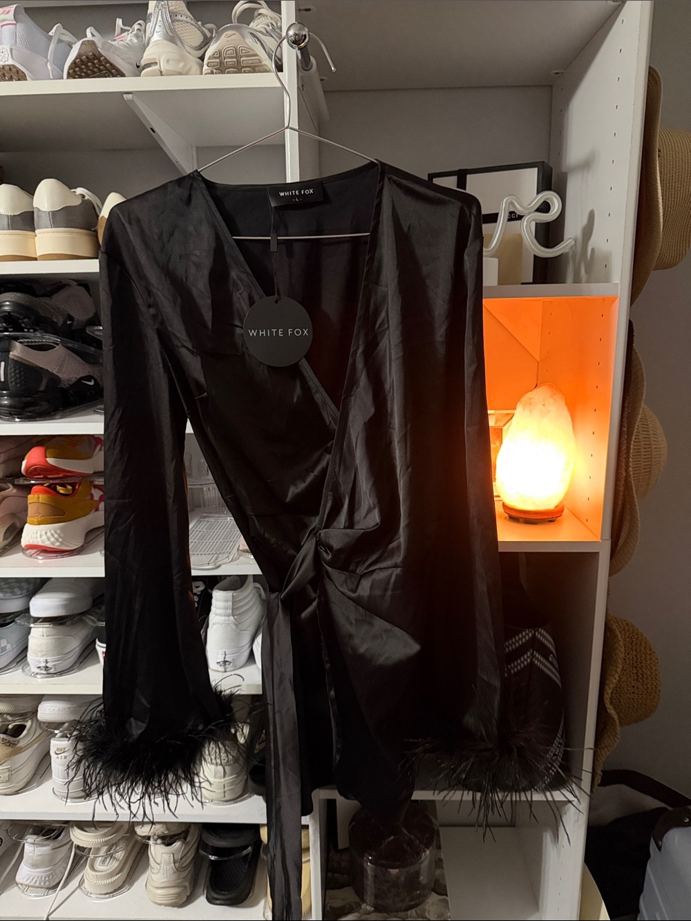 White Fox Boutique Black Satin Feather Cuff Wrap Top